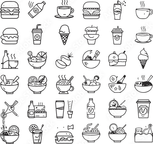 Restaurant and food related line vector icon set, restaurant, outline, doodle, menu, pizza, chicken, 