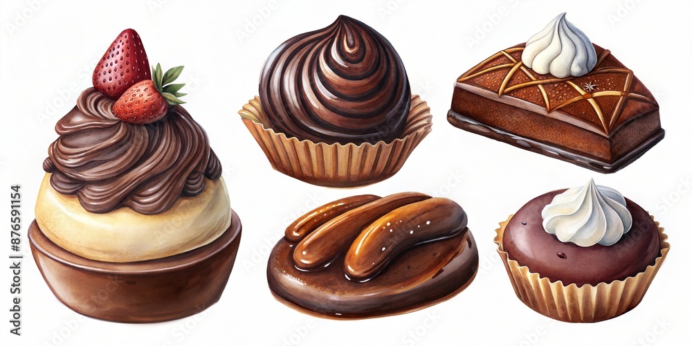 set of different chocolate cakes and chocolate illustration isolated on white set of different chocolate cakes and chocolate illustration isolated on white