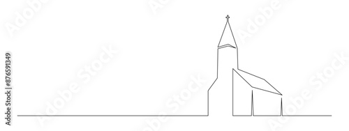 One continuous line drawing of church building with chapel. Catholic and christian house symbol in simple linear style. Vintage religion cathedral in editable stroke. Contour vector illustration