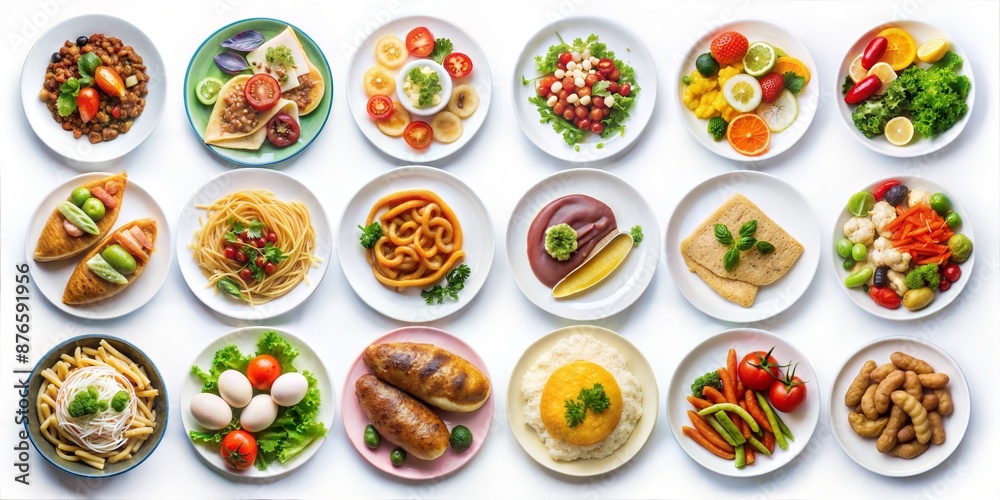 set of tasty food on white background, top view
