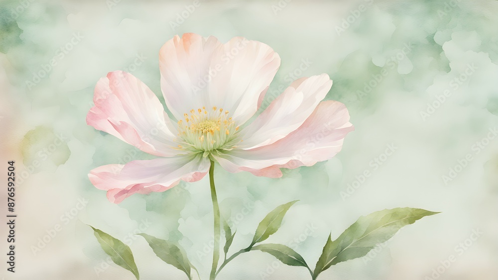 Delicate watercolor illustration of a soft pink poppy flower in full bloom with green leaves on a pale green background Delicate watercolor illustration of a soft pink poppy flower in full bloom with green leaves on a pale green background