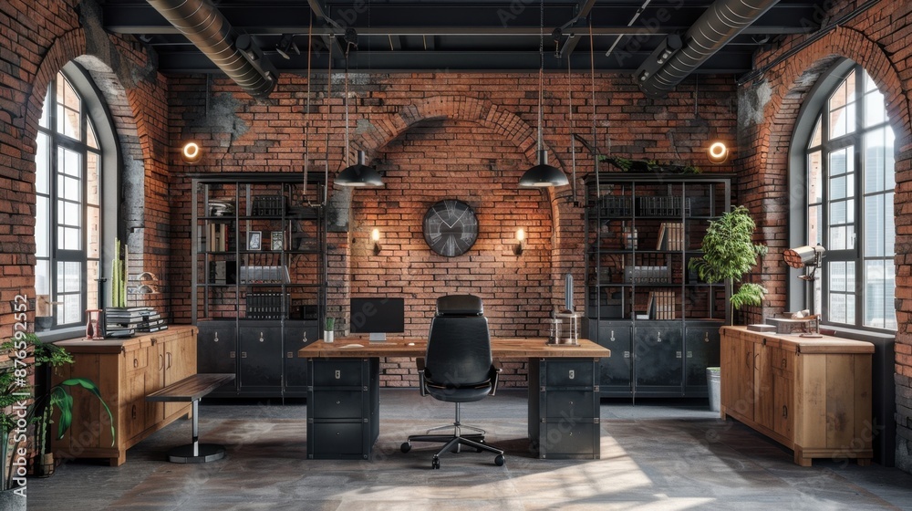 Industrial workplace interiors feature exposed brick walls, metal ...