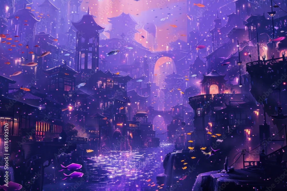Fototapeta premium Fantasy Cityscape with Glowing River and Fish