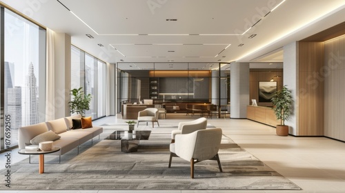 A modern workplace interior style embraces clean lines, minimalist furniture, neutral tones highlighted by bold accents, spacious open areas, and ample natural light. 