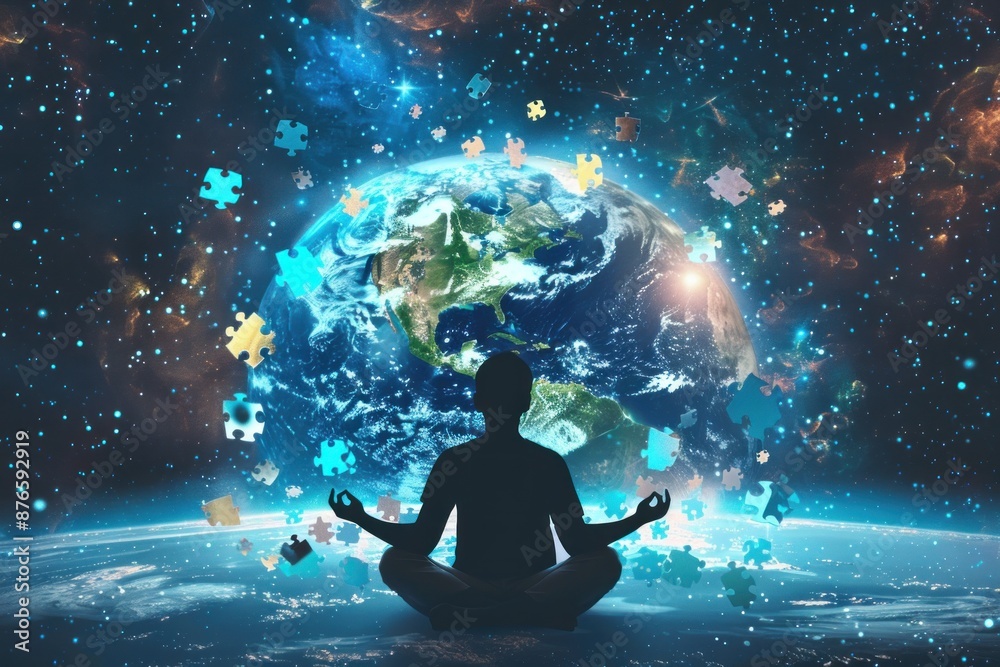 Silhouette of a Meditator Against a Cosmic Background with Puzzle Pieces Silhouette of a Meditator Against a Cosmic Background with Puzzle Pieces