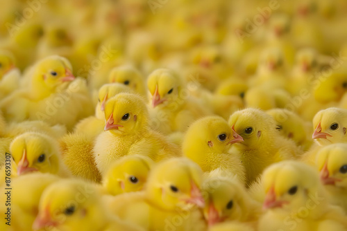 A lively group of yellow baby chicks huddled together, showcasing the vibrancy and cuteness of newborn poultry.