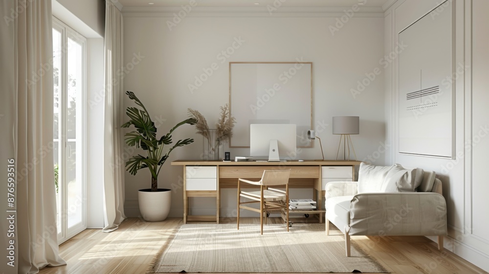 Fototapeta premium A minimalist home office features simplicity and functionality, with a limited color palette, sparse furniture, and a serene, uncluttered ambiance.