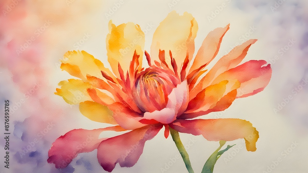 Obraz premium Watercolor painting of a vibrant orange and pink flower in full bloom with a soft gradient background.