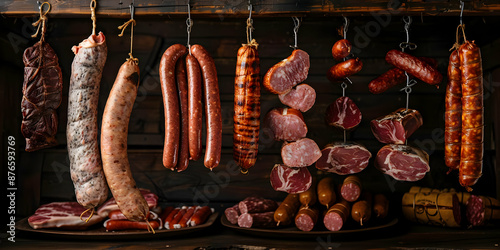 Assorted cured meats and sausages hanging in a rustic setting, showcasing a variety of charcuterie for gourmet and culinary enthusiasts.