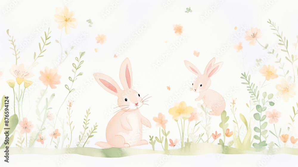 Two rabbits are sitting in a field of flowers. Watercolor painting style. Two rabbits are sitting in a field of flowers. Watercolor painting style.