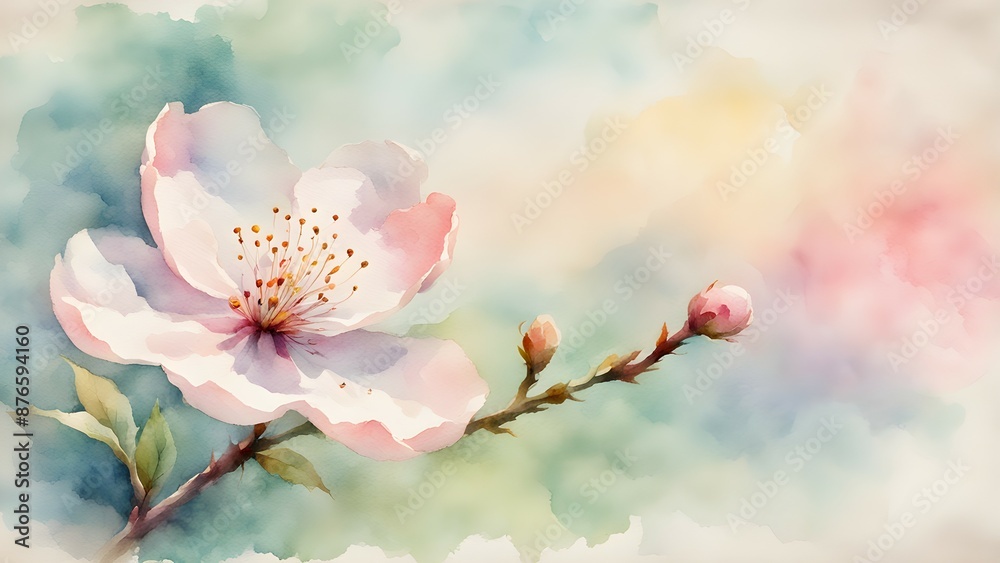 Delicate watercolor painting of a single pink cherry blossom flower with buds on a branch against a soft pastel background in shades of blue, green, yellow, and pink. Delicate watercolor painting of a single pink cherry blossom flower with buds on a branch against a soft pastel background in shades of blue, green, yellow, and pink.
