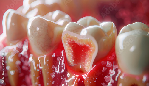 Close-up of decayed tooth showing dental cavity, gum disease, and tooth decay in a realistic 3D medical illustration. photo