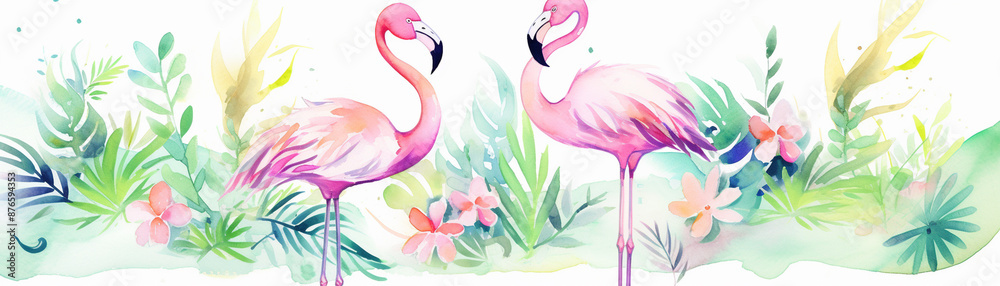 Naklejka premium Two pink flamingos standing in a lush green forest. Watercolor painting style.