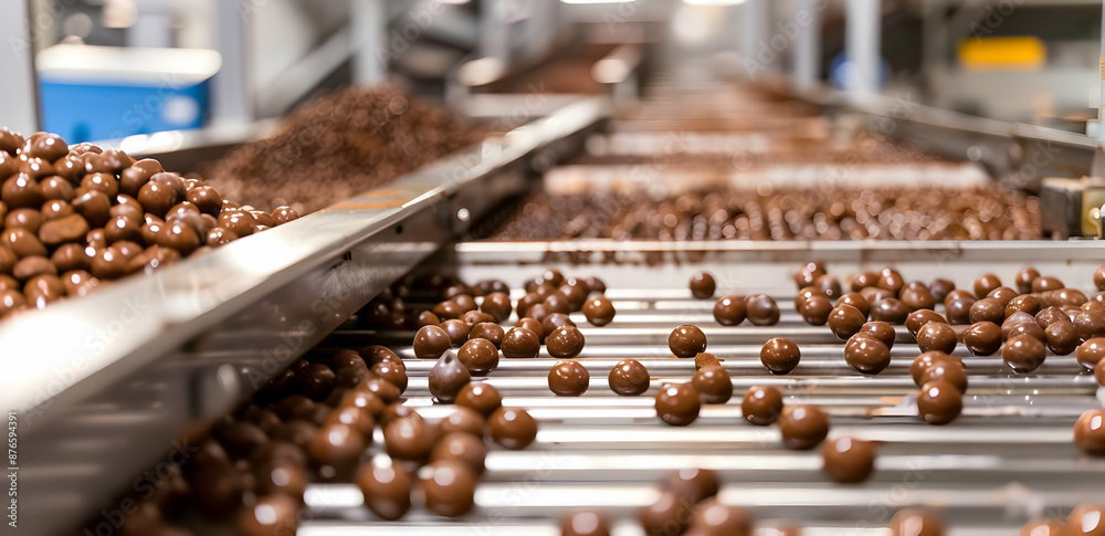Conveyor belts in a modern chocolate factory transporting numerous chocolate balls, highlighting the automation in food production and processing. Conveyor belts in a modern chocolate factory transporting numerous chocolate balls, highlighting the automation in food production and processing.