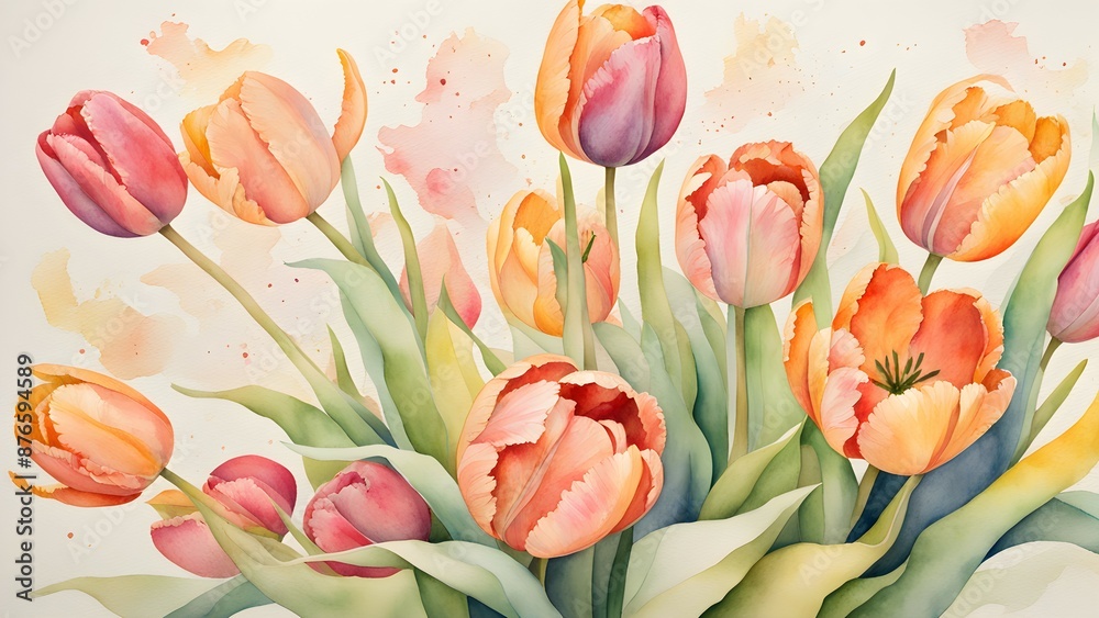 Watercolor tulips in a painterly style with a soft focus and muted colors Watercolor tulips in a painterly style with a soft focus and muted colors