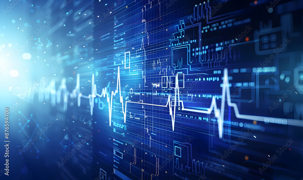 Futuristic digital heartbeat graph on a blue background, representing technology, data, and innovation. Futuristic digital heartbeat graph on a blue background, representing technology, data, and innovation.