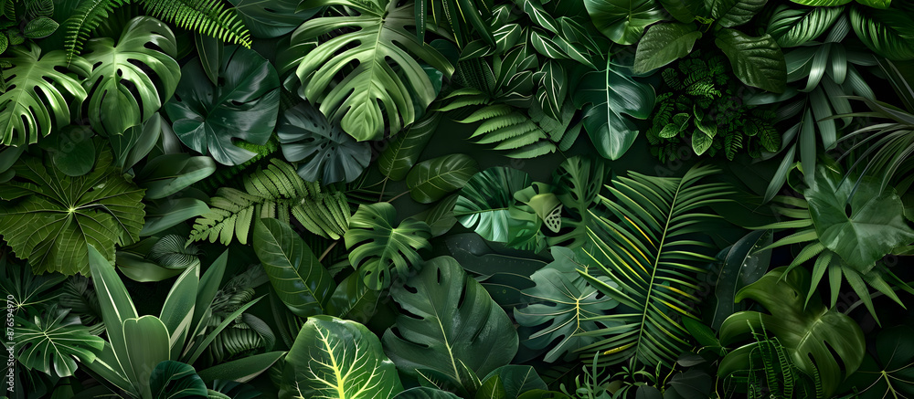 Lush tropical foliage with a variety of green leaves creating a dense, vibrant jungle canopy background. Perfect for nature and botanical themes. Lush tropical foliage with a variety of green leaves creating a dense, vibrant jungle canopy background. Perfect for nature and botanical themes.