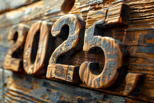 Wooden 2025 Number Sign on Weathered Wood Background photo