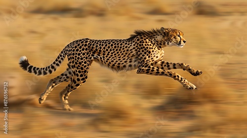 A sleek cheetah sprints across African plains, showcasing its agility and nature's raw power and beauty.