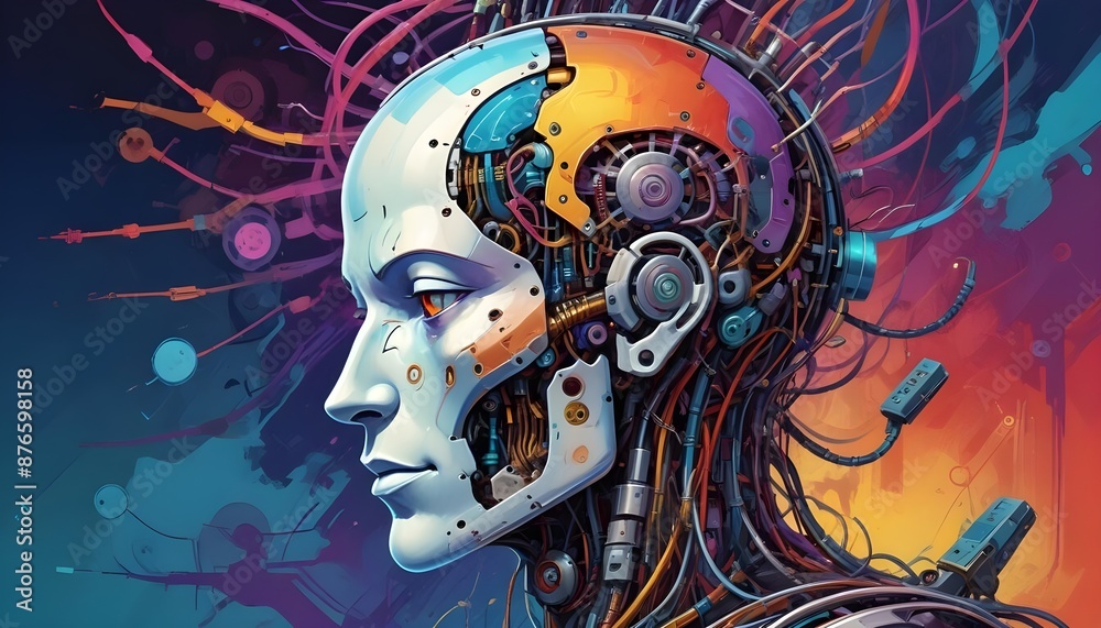 Futuristic AI and AGI Robot Android with Intricate Colorful Wiring and Advanced Visual Interfaces.
