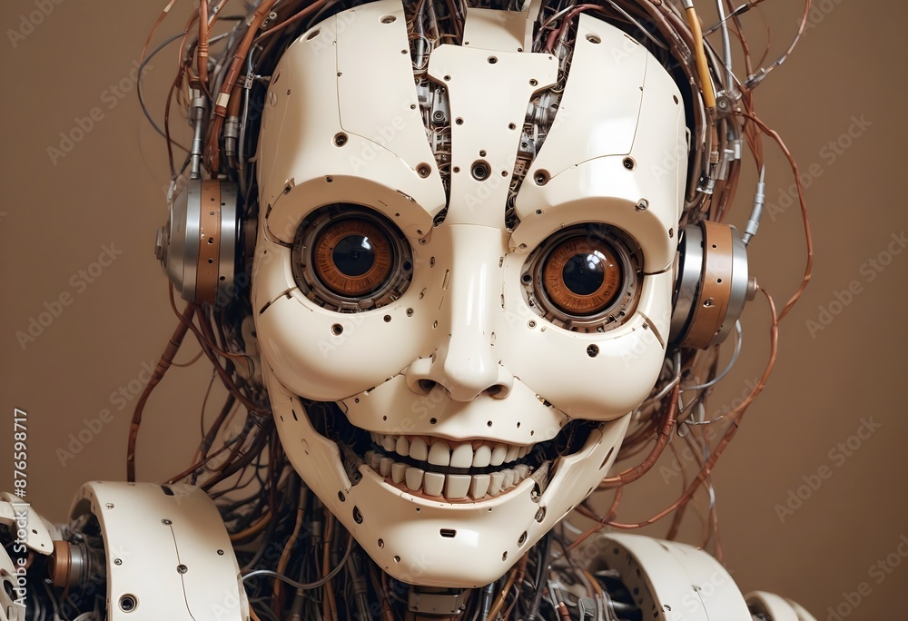 Fototapeta premium Highly Detailed and Expressive AI Robot with Intricate Wiring and Realistic Features