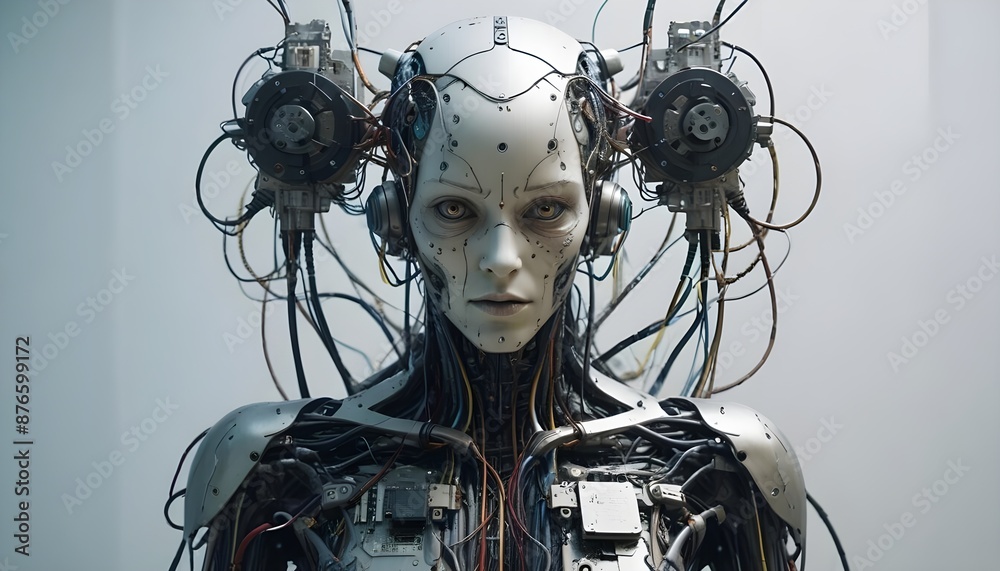 Portrait of a Futuristic AI AGI Robot Android with Intricate Wiring and Advanced Technology Terror. Portrait of a Futuristic AI AGI Robot Android with Intricate Wiring and Advanced Technology Terror.