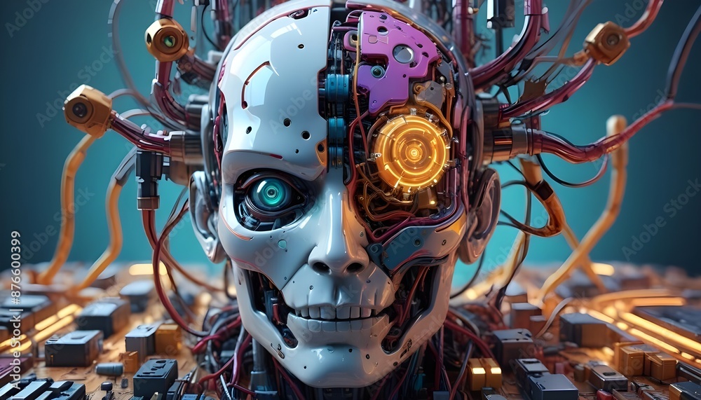 Futuristic AI and AGI Robot Android with Intricate Colorful Wiring and Advanced Visual Interfaces. Futuristic AI and AGI Robot Android with Intricate Colorful Wiring and Advanced Visual Interfaces.