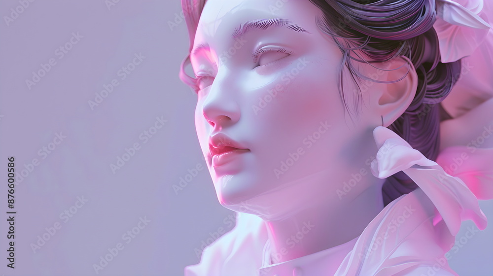 Art portrait of a girl with pale porcelain skin on a lilac background. Doll, close-up in profile, looking to the side. Art portrait of a girl with pale porcelain skin on a lilac background. Doll, close-up in profile, looking to the side.