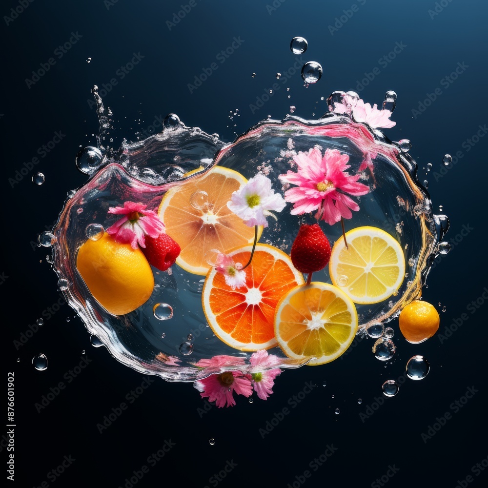 fruit in water splash, minimalistic, contrast, on a dark blue background fruit in water splash, minimalistic, contrast, on a dark blue background