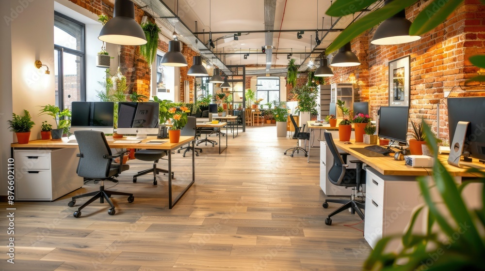 Naklejka premium Modern office space with stylish decor, plants, and comfortable workstations, exuding a productive and vibrant atmosphere.