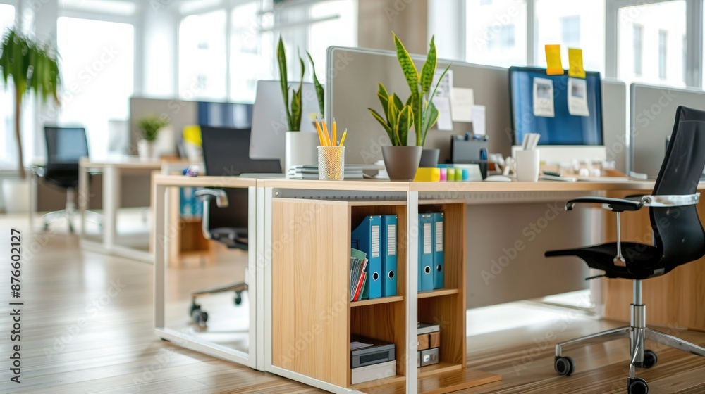 Modern open plan office interior with desks, chairs, and plants. Bright natural light and organized workspace create an inviting environment. Modern open plan office interior with desks, chairs, and plants. Bright natural light and organized workspace create an inviting environment.