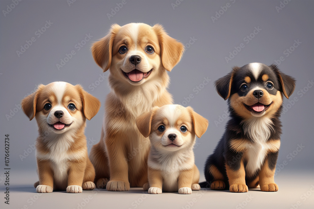 Four cute puppies sitting in a row on the floor in 3d animation style Four cute puppies sitting in a row on the floor in 3d animation style