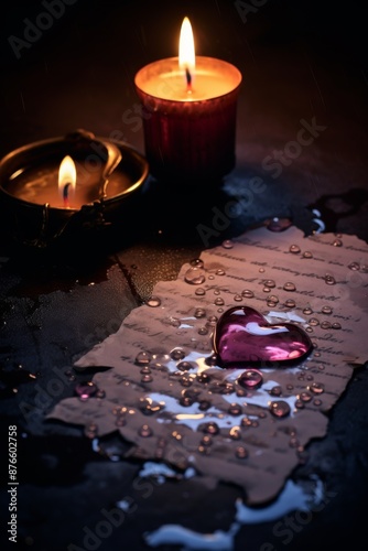 Burning candle and a love letter with a wax heart