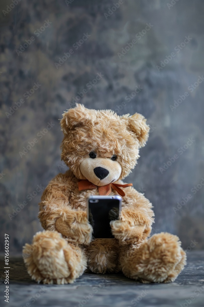 Obraz premium teddy bear holding the cell phone, minimalistic