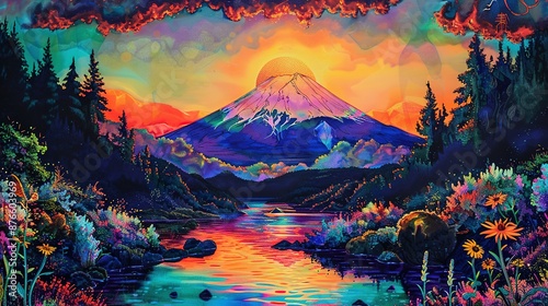 Psychedelic Mountain Landscape with Vibrant Colors and Dreamlike Atmosphere photo