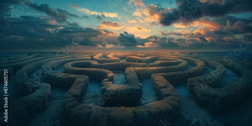 Avast, intricate labyrinth bathed in the soft, warm hues of a setting sun.  photo