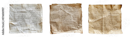 Lyric Sheets Handwritten by Famous Singers, Paper in White, Beige, and Yellowed Old Paper. Isolated on a Transparent Background. Cutout PNG.