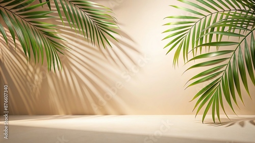Palm leaf shadow casting on a light backdrop and cream colored floor Tropical palm leaf shadows creating an abstract background for summer themed mock ups , palm, mock, themed © wasana