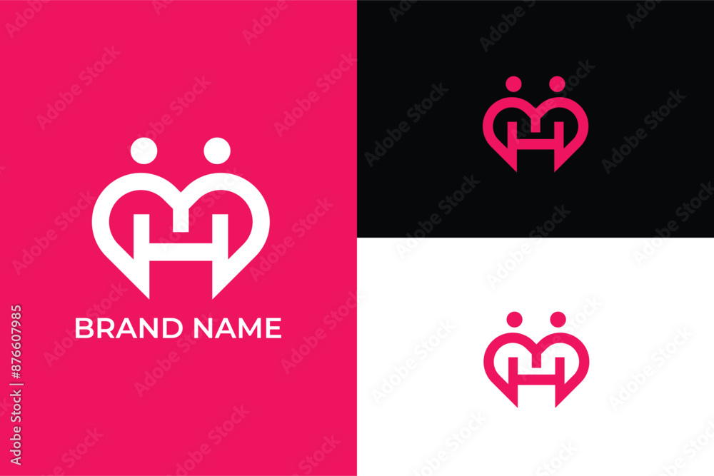 Fototapeta premium illustration of a heart symbol, H letter Couple logo design with Love heart logo Romantic Dating Valentines, H Love heart people dancing icon logo, Heart Care Logo Charity Foundation, happy young 