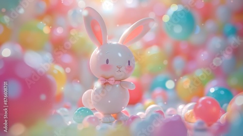 Whimsical Festive Bunny in Pastel Wonderland - 3D Rendering with Soft Light and Depth of Field from Bird's Eye View © Chiradet