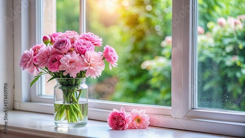 a bouquet of pink flowers on a window sill, pink, sill