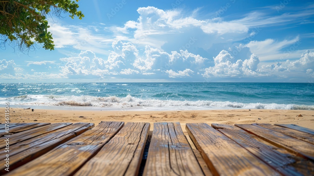 Fototapeta premium Tranquil Beachfront Retreat - Blurry Ocean View from Empty Wooden Deck for Serene Relaxation