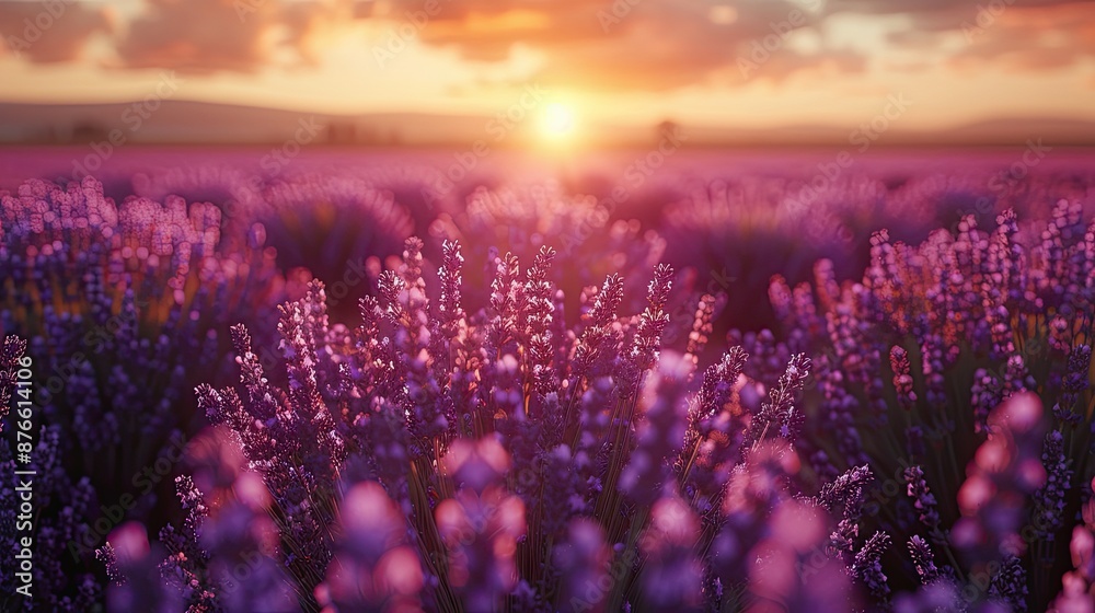 Naklejka premium Beautiful lavender field at sunrise with vibrant purple flowers and a warm, golden sky, creating a serene and tranquil scene.