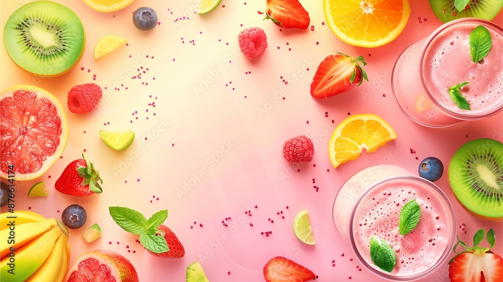 Blended mixture of fruits and yogurt for a nutritious boost background, room for text. Blended mixture of fruits and yogurt for a nutritious boost background, room for text.