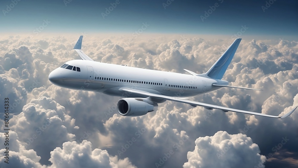 Fototapeta premium airplane in the clouds,airplane in the sky,A picture of an airplane flying in a cloud-filled sky. High definition, clearly focused
