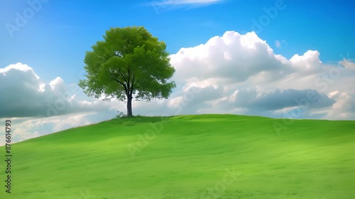 Solitary Tree on Rolling Green Hills with Ai generated.
 