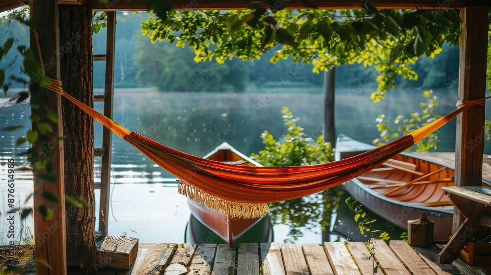 Vibrant hammock under pergola by serene lake with boats and lush trees Vibrant hammock under pergola by serene lake with boats and lush trees