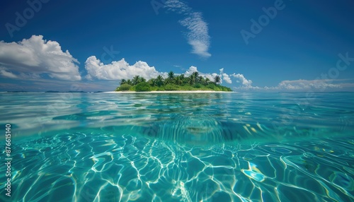 The tropical island is embraced by crystal clear turquoise waters and lush greenery, all under a vibrant blue sky AIG62 photo