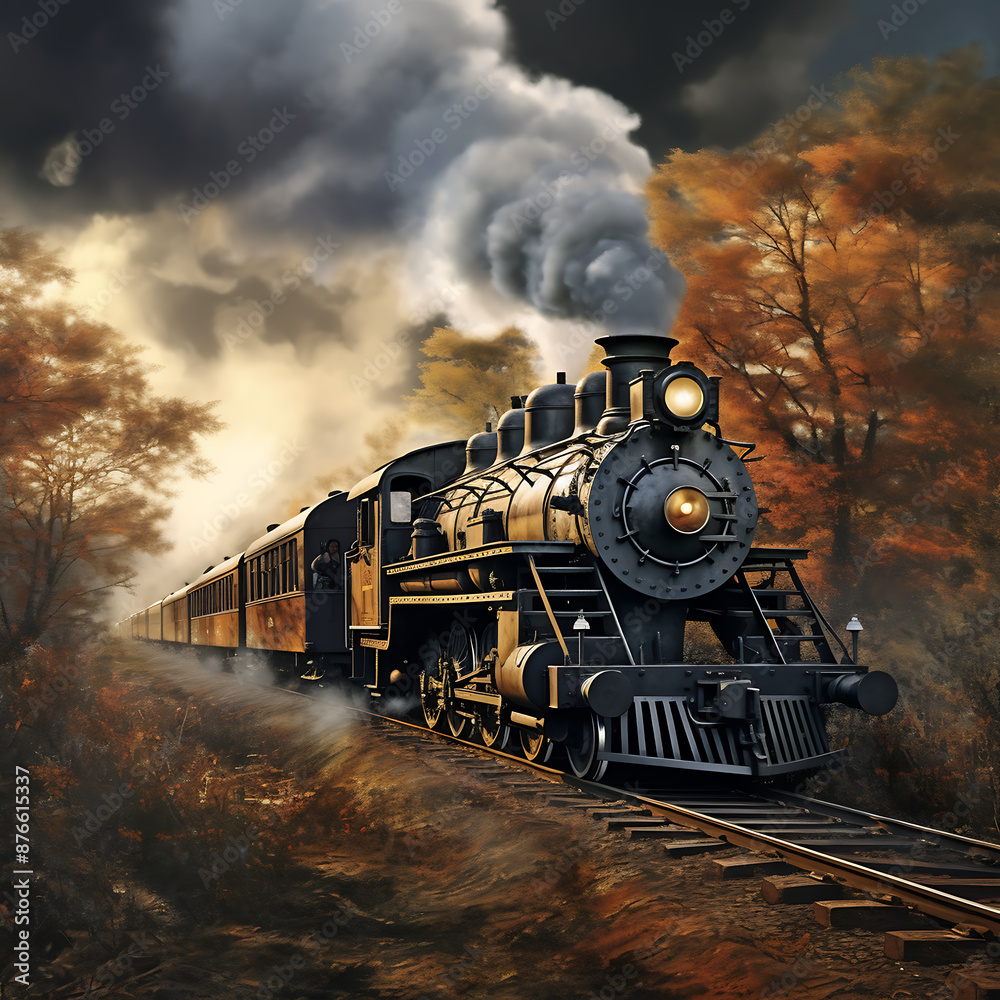 Fototapeta premium Steam locomotive with smoke in the sky. 3D illustration.