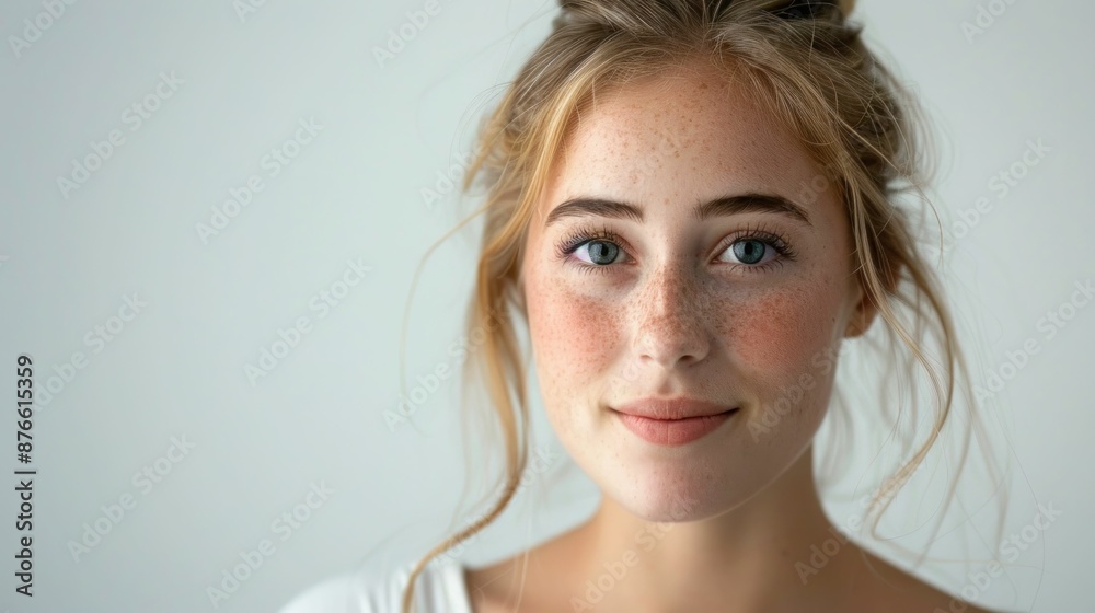 Naklejka premium Beautiful young woman with freckles on her face looking at the camera on a white background Portrait of natural beauty and confidence